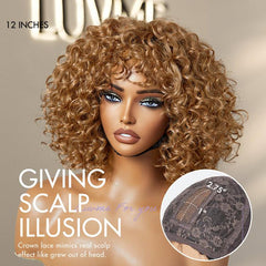 Lightweight Sun-kissed Vibe Golden Blonde Short Cut Water Wave Glueless Minimalist Lace Curly Wig with Bangs