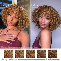 Lightweight Sun-kissed Vibe Golden Blonde Short Cut Water Wave Glueless Minimalist Lace Curly Wig with Bangs