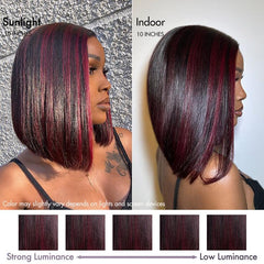 Dark Red Highlights Silky Blunt Cut C Part Glueless Minimalist HD Lace Bob Wig Beginner Friendly