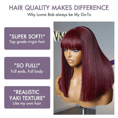 Reddish Purple Realistic Glueless Yaki Straight Bob with Bangs Minimalist Lace Bob Wig Put on & Go