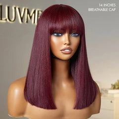 Reddish Purple Realistic Glueless Yaki Straight Bob with Bangs Minimalist Lace Bob Wig Put on & Go