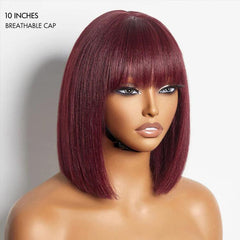 Reddish Purple Realistic Glueless Yaki Straight Bob with Bangs Minimalist Lace Bob Wig Put on & Go