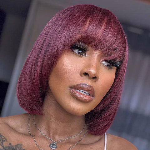 Put On and Go Reddish Purple Layered Cut Yaki Straight Minimalist Lace Bob Wig with Bangs