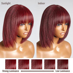 Put On and Go Reddish Purple Layered Cut Yaki Straight Minimalist Lace Bob Wig with Bangs