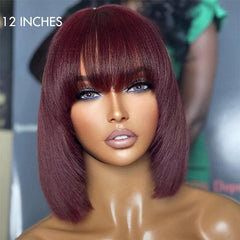 Put On and Go Reddish Purple Layered Cut Yaki Straight Minimalist Lace Bob Wig with Bangs