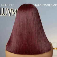 Put On and Go Reddish Purple Layered Cut Yaki Straight Minimalist Lace Bob Wig with Bangs