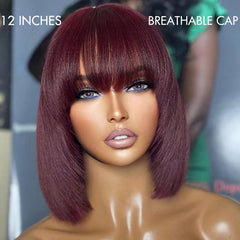 Put On and Go Reddish Purple Layered Cut Yaki Straight Minimalist Lace Bob Wig with Bangs