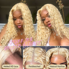 Golden Blonde 613 Water Wave Glueless 5x5 Closure Invisible HD Lace Long Blonde Curly Wig 100% Human Hair