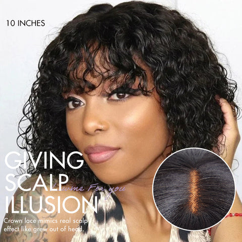 Beginner Friendly Water Wave Minimalist Lace Glueless Short Curly Wig with Bangs Breathable Cap