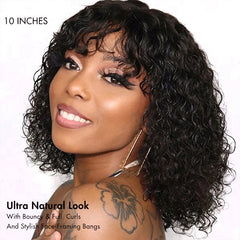 Beginner Friendly Water Wave Minimalist Lace Glueless Short Curly Wig with Bangs Breathable Cap