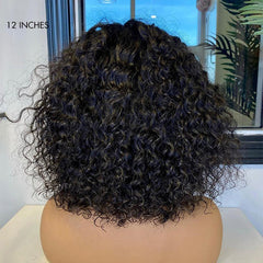 Beginner Friendly Water Wave Minimalist Lace Glueless Short Curly Wig with Bangs Breathable Cap