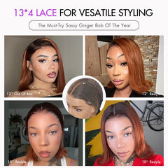 Ginger Ombre Silky Blunt Cut Glueless 13x4 Frontal Lace Short Bob Wig 100% Human Hair