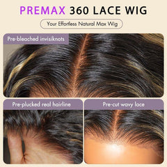 PreMax Wigs | 360 Lace Free Part Blonde Highlight Water Wave Natural Looking Wig Pre-Cut Lace