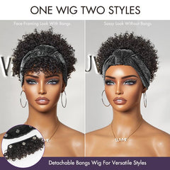 Throw On & Go Glueless Afro Headband Short Curly Wig with Detachable Bangs