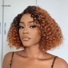 Trendy Mix Brown Short Cut Curly Minimalist HD Lace Glueless Side Part Curly Bob Wig 100% Human Hair