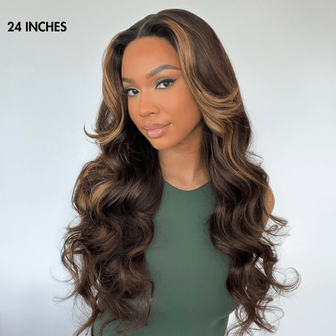 Breathable Cap Blonde Highlight Loose Wave Glueless 5x5 Closure HD Lace Wig with Curtain Bangs