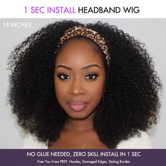 Natural Black Jerry Curly No Lace Glueless Free Part Long Headband Wig 100% Human Hair (Get Free Trendy Headbands)