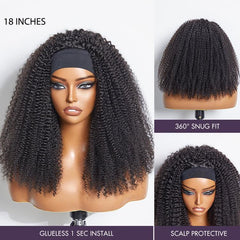 Natural Black Jerry Curly No Lace Glueless Free Part Long Headband Wig 100% Human Hair (Get Free Trendy Headbands)