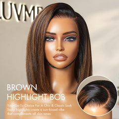 PreMax Wigs | Natural Looking Brown Highlight Silky Blunt Cut Bob Glueless 13x4 Frontal Pre-Cut Lace Wig