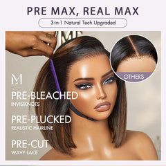 PreMax Wigs | Natural Looking Brown Highlight Silky Blunt Cut Bob Glueless 13x4 Frontal Pre-Cut Lace Wig