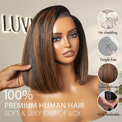 PreMax Wigs | Natural Looking Brown Highlight Silky Blunt Cut Bob Glueless 13x4 Frontal Pre-Cut Lace Wig