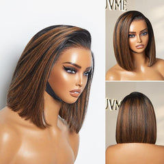 PreMax Wigs | Natural Looking Brown Highlight Silky Blunt Cut Bob Glueless 13x4 Frontal Pre-Cut Lace Wig