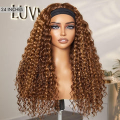 Throw On & Go Natural Black / Blonde Highlight Deep Wave No Lace Glueless Long Headband Wig (Get Free Trendy Headbands)