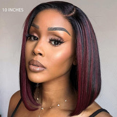 Dark Red Highlights Silky Blunt Cut C Part Glueless Minimalist HD Lace Bob Wig Beginner Friendly