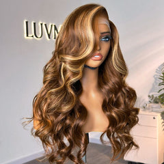 Honey Blonde Highlight / Natural Black Loose Body Wave Glueless 13x4 Frontal Lace Wig 100% Human Hair