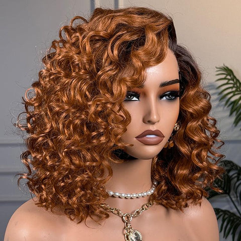 Ginger Ombre Bouncy Curly Glueless Minimalist HD Lace Short Wig 100% Human Hair