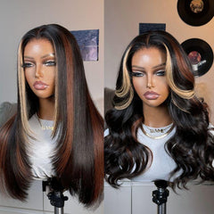 Luxurious Combo Color Highlights Layered Silky Straight Glueless 5x5 Closure Lace Long Wig