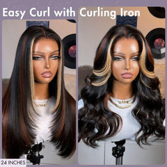 Luxurious Combo Color Highlights Layered Silky Straight Glueless 5x5 Closure Lace Long Wig