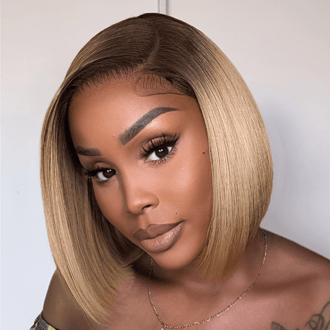 Ash Blonde Ombre / Natural Black Blunt Cut Bob Glueless Minimalist HD Lace Short Bob Wig Ready to Go