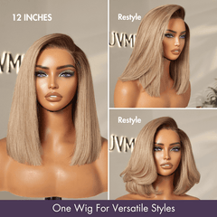 Ash Blonde Ombre / Natural Black Blunt Cut Bob Glueless Minimalist HD Lace Short Bob Wig Ready to Go