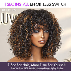 Beginner Friendly Water Wave Minimalist Lace Glueless Short Curly Wig with Bangs Breathable Cap