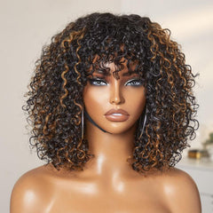 Beginner Friendly Water Wave Minimalist Lace Glueless Short Curly Wig with Bangs Breathable Cap