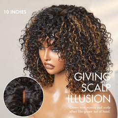 1 SEC INSTALL WIG | Brown Highlight Water Wave Natural Scalp Glueless Minimalist Lace Breathable Cap Short Curly Wig with Bangs