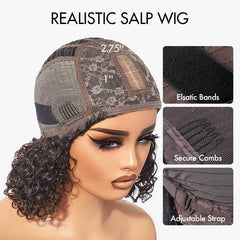 1 SEC INSTALL WIG | Brown Highlight Water Wave Natural Scalp Glueless Minimalist Lace Breathable Cap Short Curly Wig with Bangs