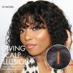 1 SEC INSTALL WIG | Brown Highlight Water Wave Natural Scalp Glueless Minimalist Lace Breathable Cap Short Curly Wig with Bangs