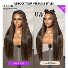 PreMax Wigs | Ultra Natural Hairline Brown Highlight Silky Straight Glueless 13x4 Frontal Lace Long Wig Pre-Cut Lace