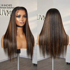 PreMax Wigs | Ultra Natural Hairline Brown Highlight Silky Straight Glueless 13x4 Frontal Lace Long Wig Pre-Cut Lace