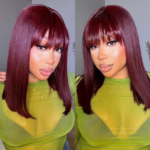 Reddish Purple Realistic Glueless Yaki Straight Bob with Bangs Minimalist Lace Bob Wig Put on & Go