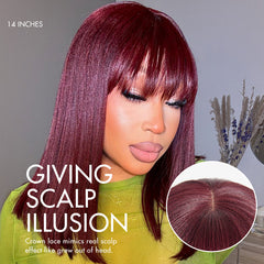 Reddish Purple Realistic Glueless Yaki Straight Bob with Bangs Minimalist Lace Bob Wig Put on & Go