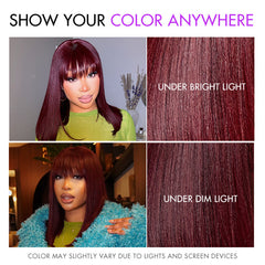 Reddish Purple Realistic Glueless Yaki Straight Bob with Bangs Minimalist Lace Bob Wig Put on & Go