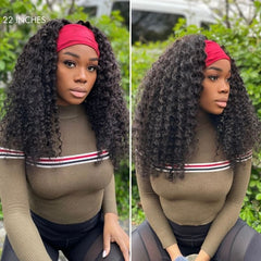 Throw On & Go Natural Black / Blonde Highlight Deep Wave No Lace Glueless Long Headband Wig (Get Free Trendy Headbands)