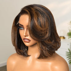 Trendy Brown Highlight Layered Bob Blowout Glueless 5x5 HD Lace Closure Wig 100% Human Hair