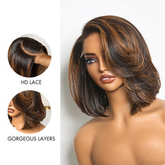 Trendy Brown Highlight Layered Bob Blowout Glueless 5x5 HD Lace Closure Wig 100% Human Hair