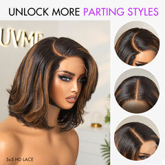 Trendy Brown Highlight Layered Bob Blowout Glueless 5x5 HD Lace Closure Wig 100% Human Hair