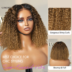 1 SEC INSTALL WIG | Sun-kissed Ombre Blonde Kinky Curly Glueless 5x5 Clouse Pre-Cut Lace Shoulder Length Wig