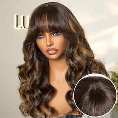 Breathable Cap True Scalp Blonde Highlight Loose Wave Glueless Minimalist Lace Wig with Bangs